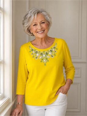NWT Bob Mackie Wearable Art Yellow Embellished Tunic Top Large